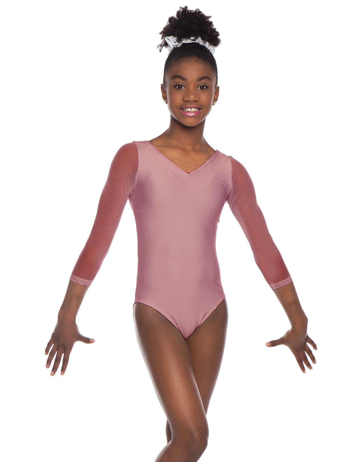 Solid Lycra Mesh 3/4 Sleeve V-Neck Leotard Gymnastics