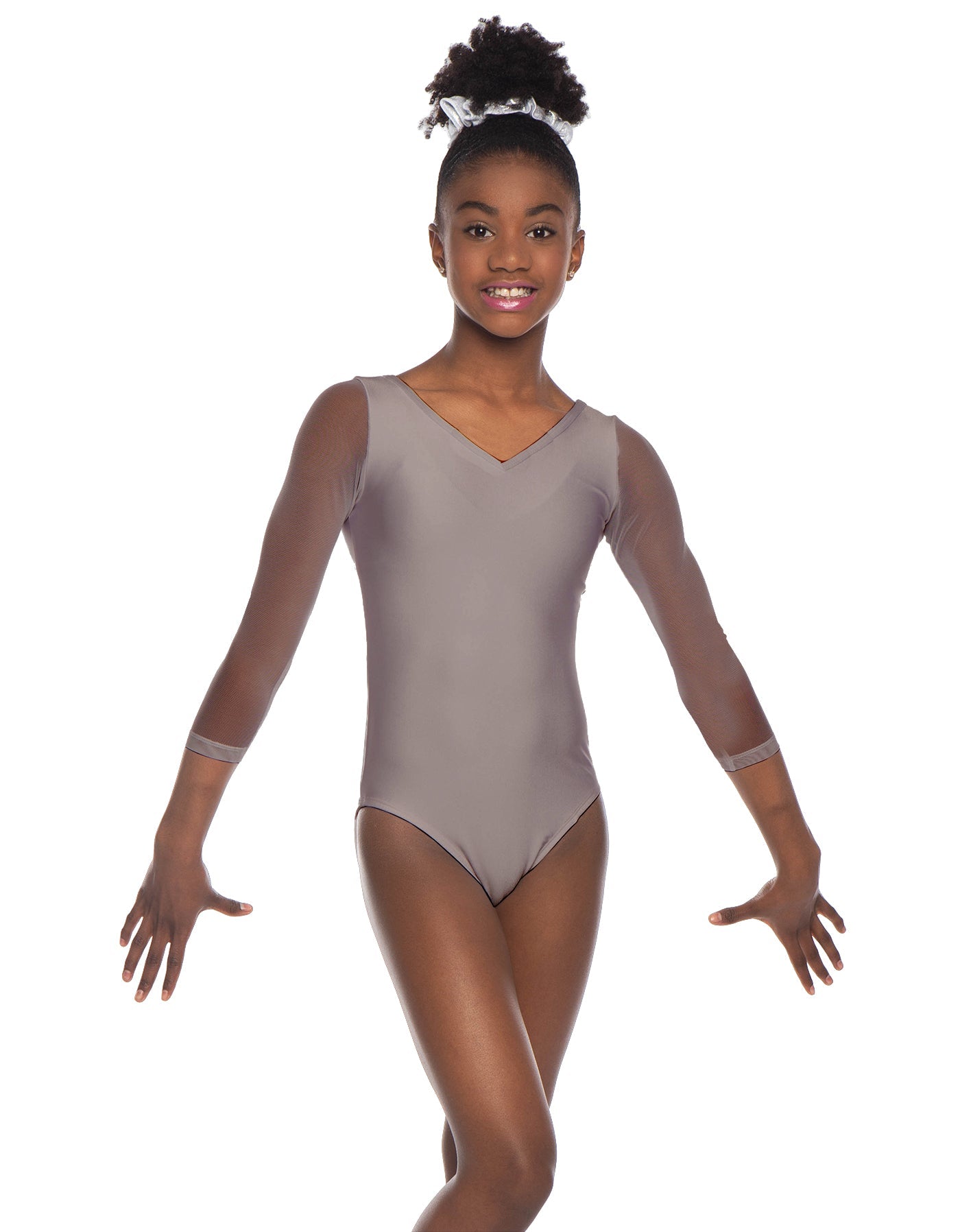 Solid Lycra Mesh 3/4 Sleeve V-Neck Leotard Gymnastics