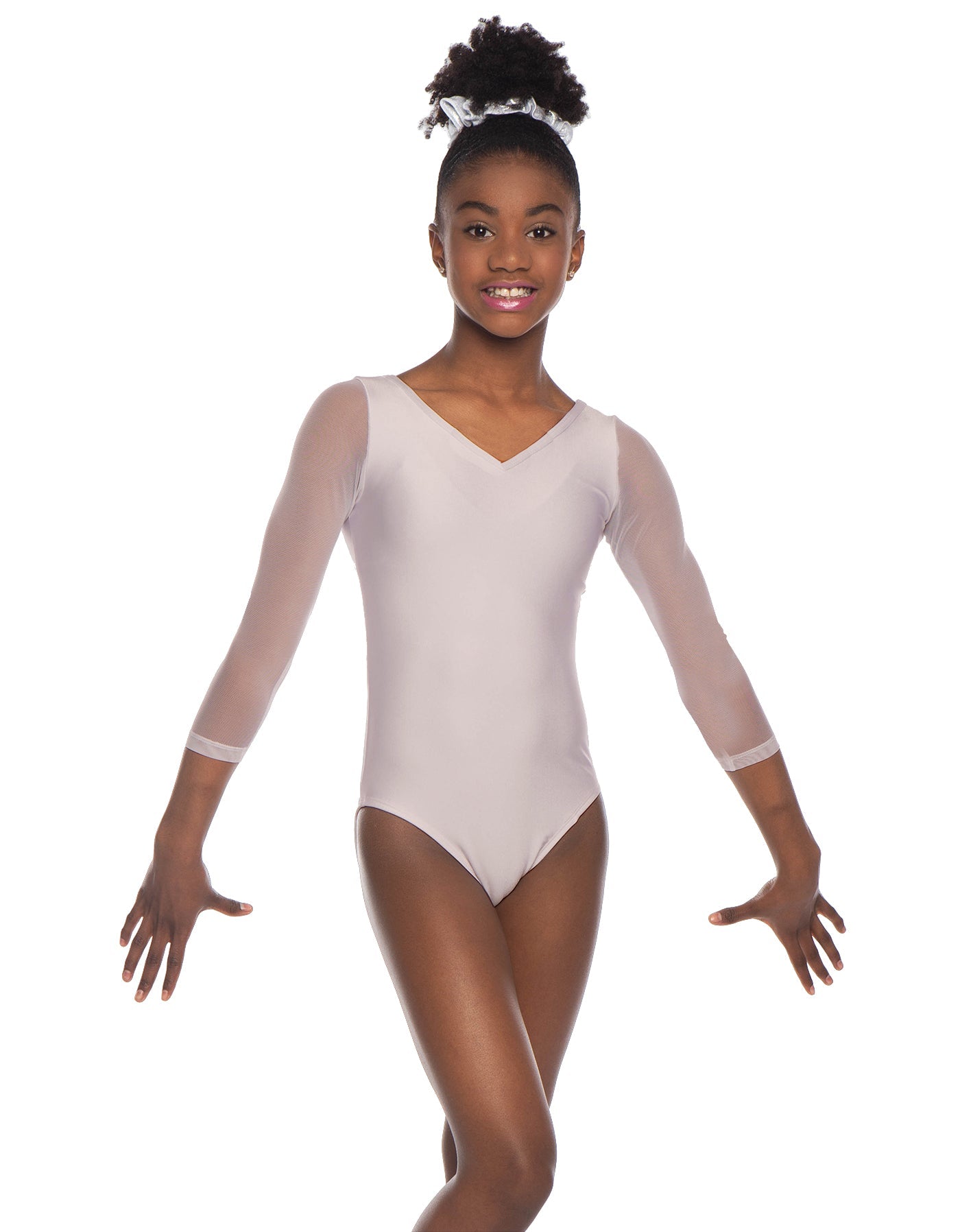 Solid Lycra Mesh 3/4 Sleeve V-Neck Leotard Gymnastics