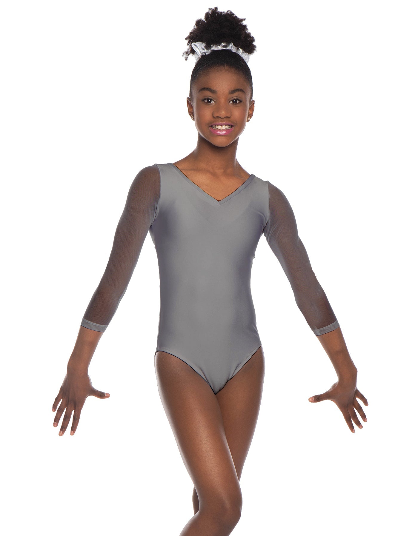 Solid Lycra Mesh 3/4 Sleeve V-Neck Leotard Gymnastics