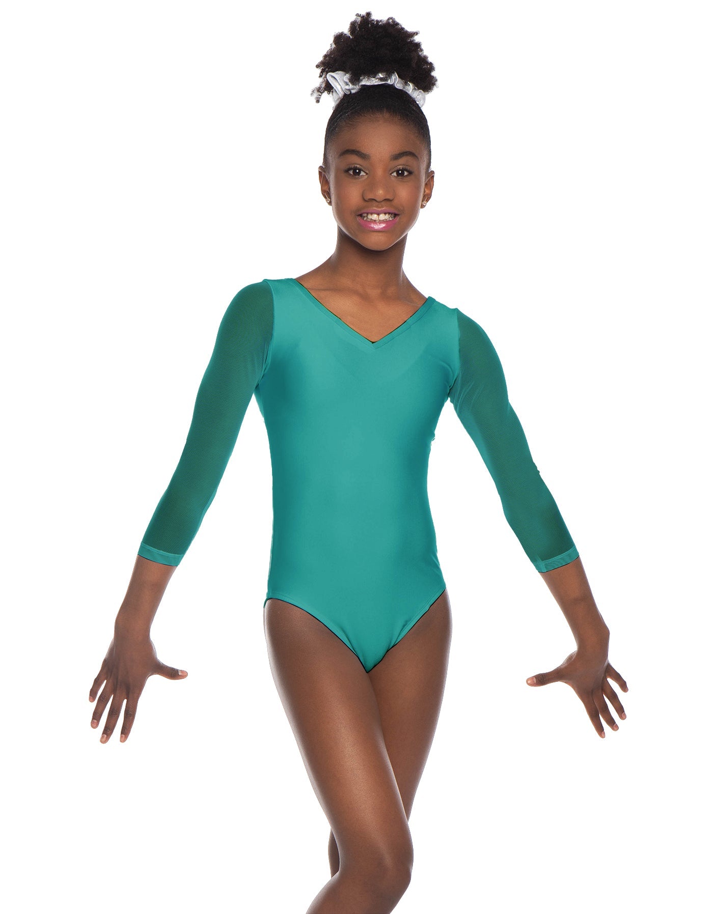 Solid Lycra Mesh 3/4 Sleeve V-Neck Leotard Gymnastics
