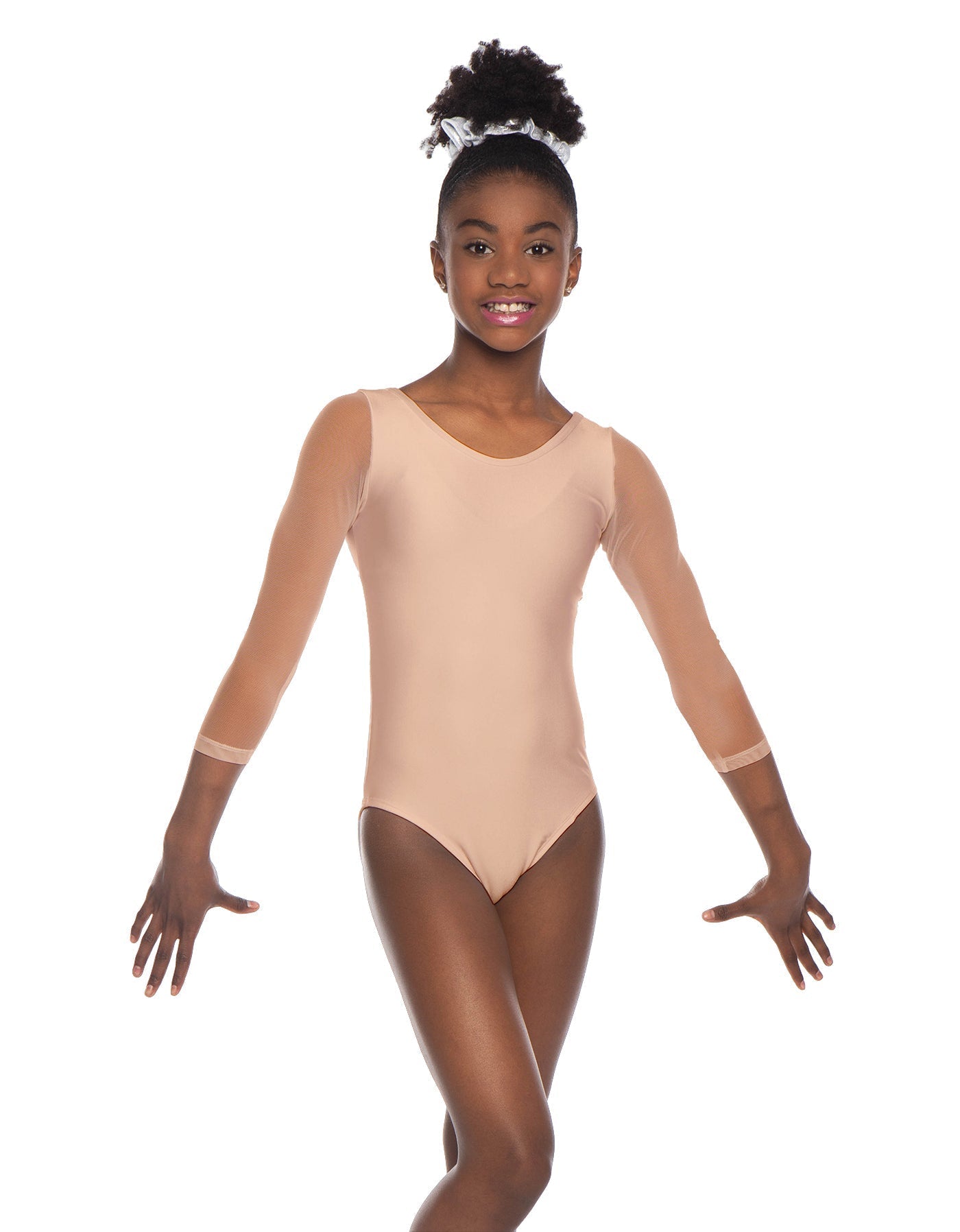 Solid Lycra Mesh 3/4 Sleeve Round Neck Leotard Gymnastics