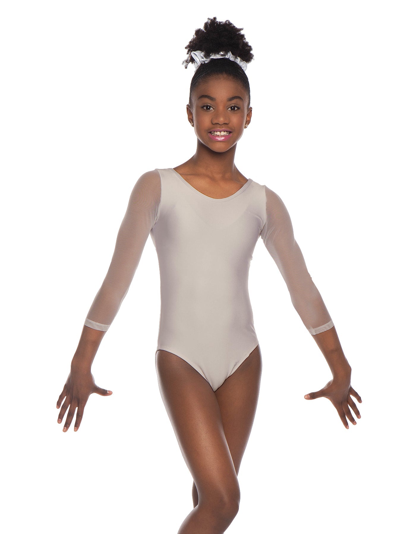 Solid Lycra Mesh 3/4 Sleeve Round Neck Leotard Gymnastics