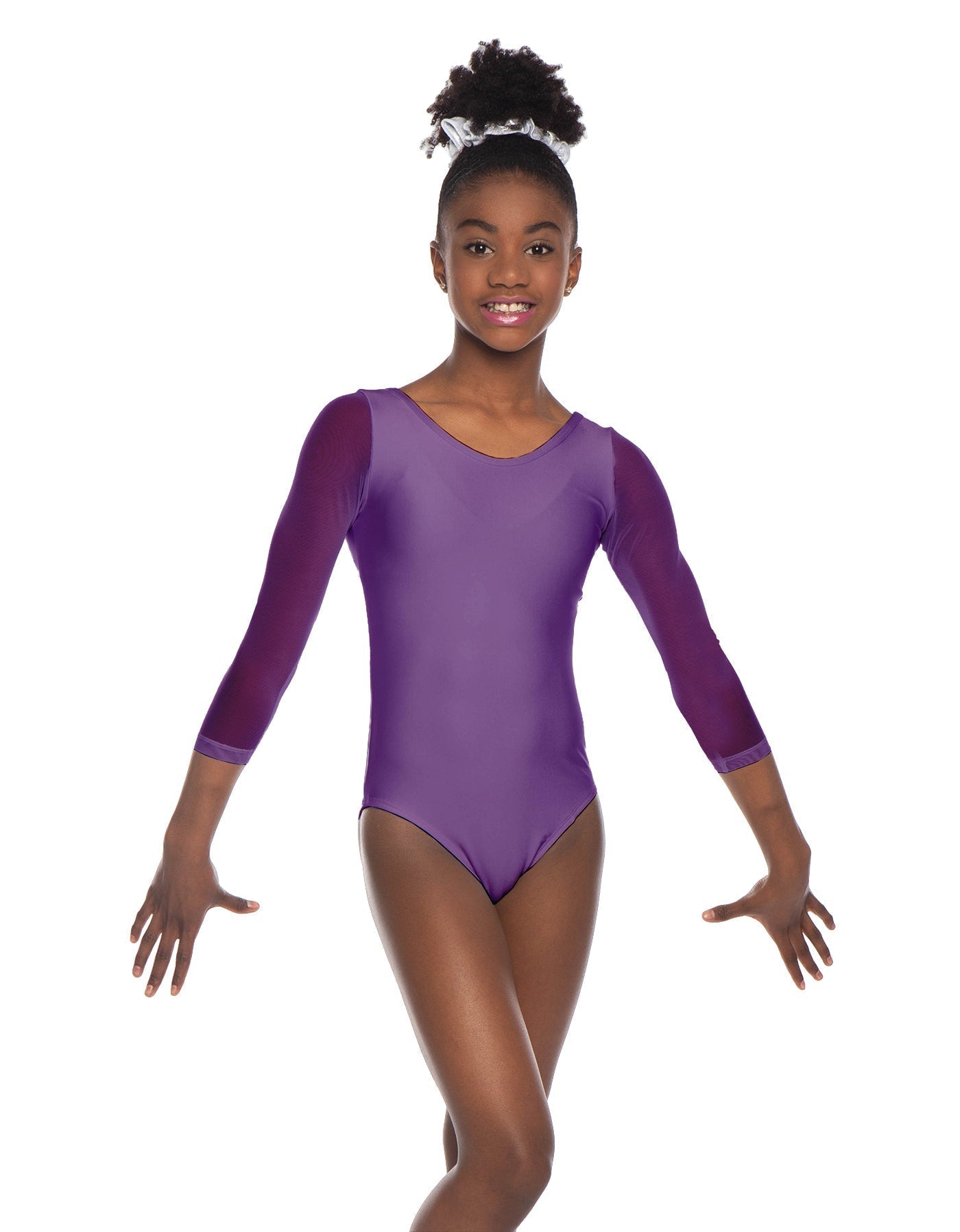 Solid Lycra Mesh 3/4 Sleeve Round Neck Leotard Gymnastics