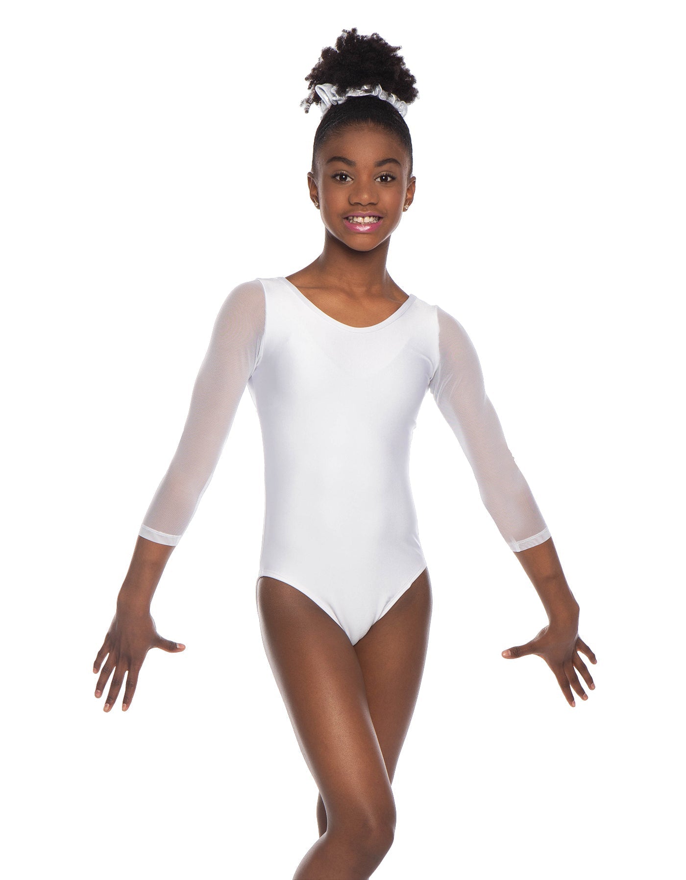 Solid Lycra Mesh 3/4 Sleeve Round Neck Leotard Gymnastics