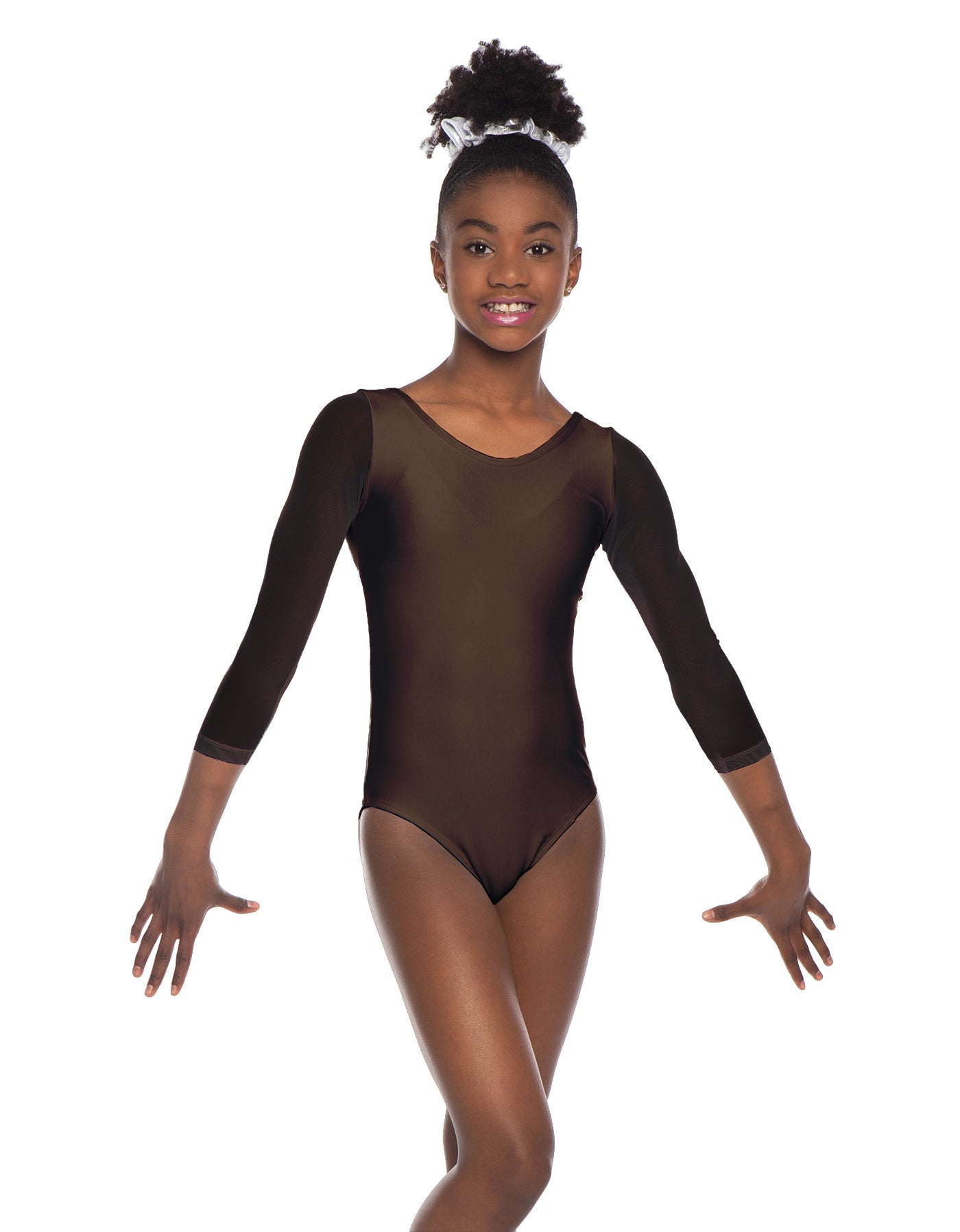 Solid Lycra Mesh 3/4 Sleeve Round Neck Leotard Gymnastics
