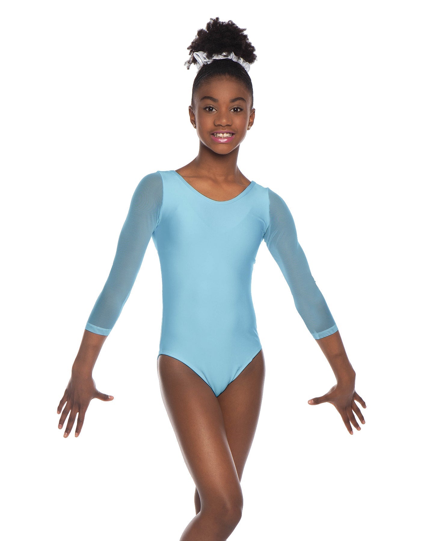 Solid Lycra Mesh 3/4 Sleeve Round Neck Leotard Gymnastics