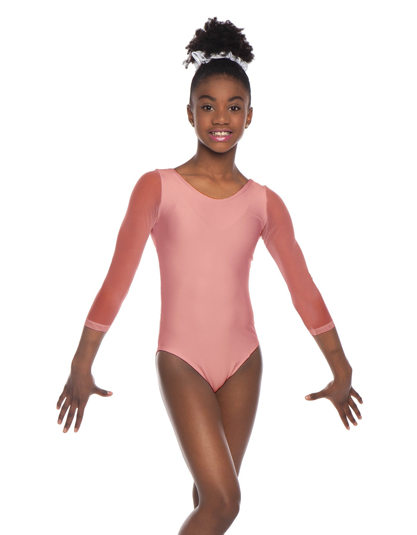 Solid Lycra Mesh 3/4 Sleeve Round Neck Leotard Gymnastics