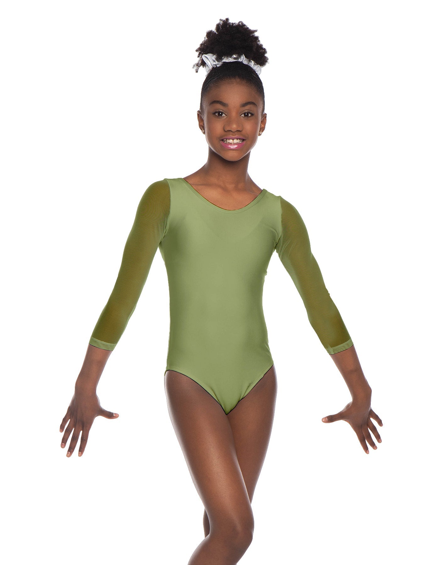 Solid Lycra Mesh 3/4 Sleeve Round Neck Leotard Gymnastics