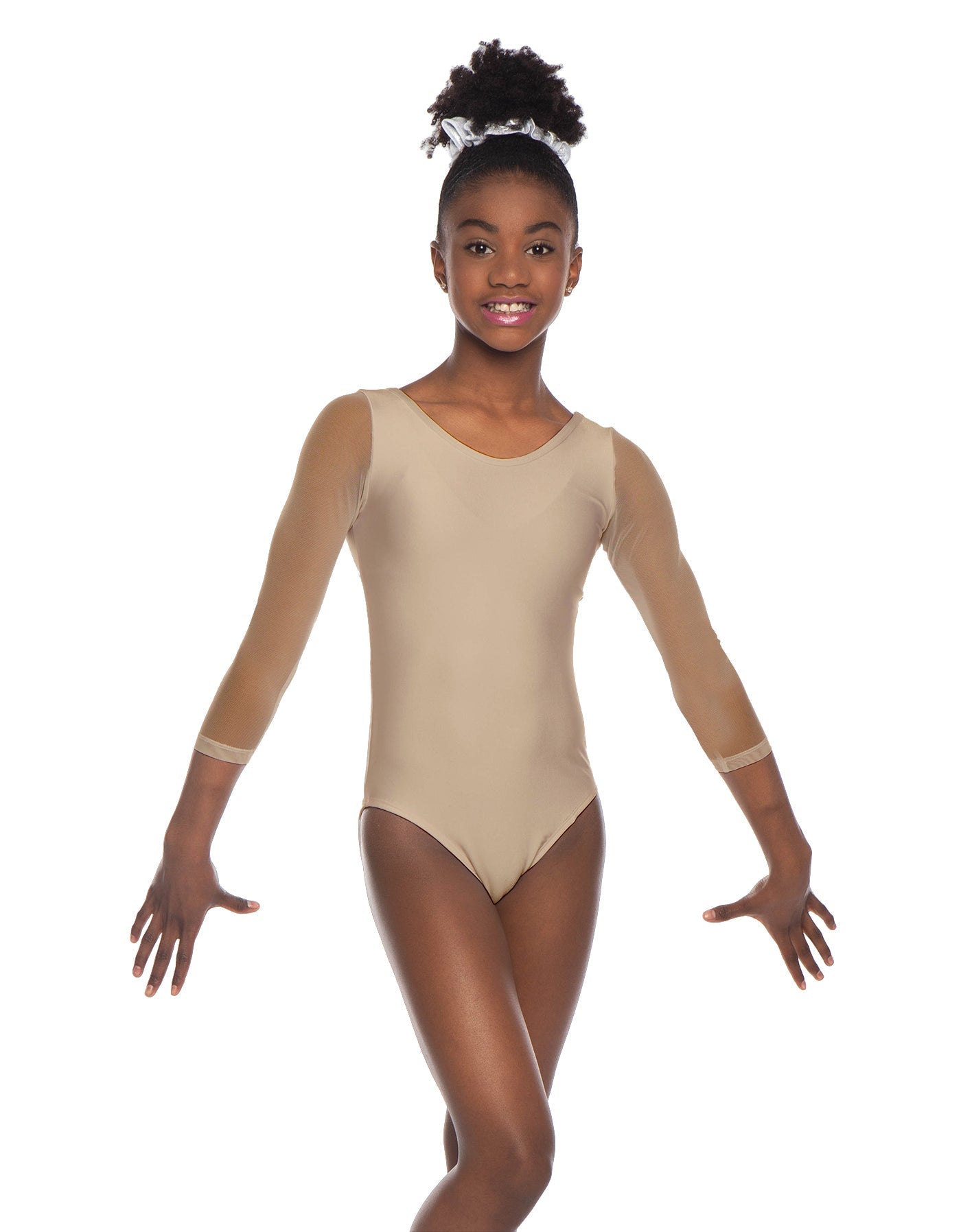 Solid Lycra Mesh 3/4 Sleeve Round Neck Leotard Gymnastics