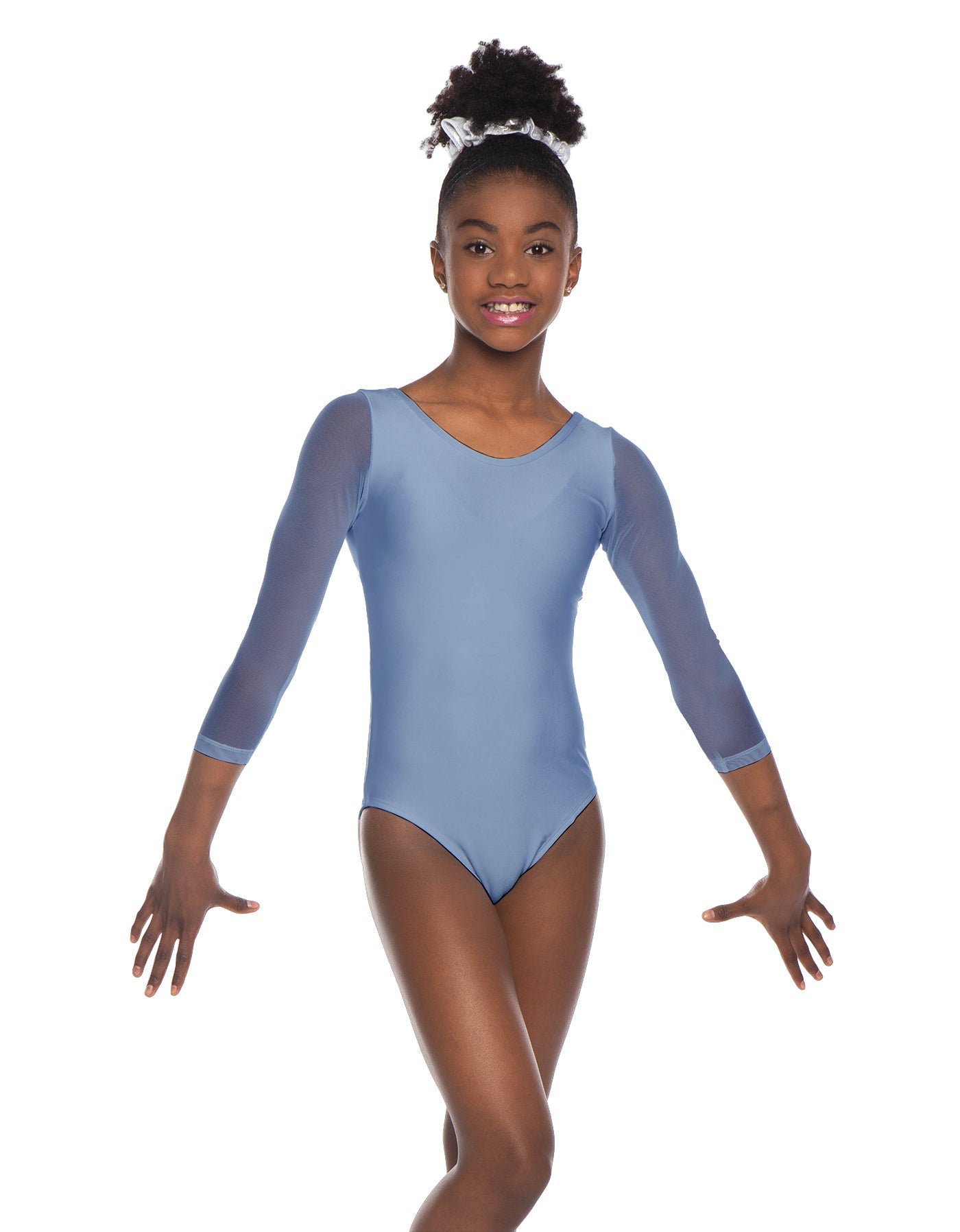 Solid Lycra Mesh 3/4 Sleeve Round Neck Leotard Gymnastics