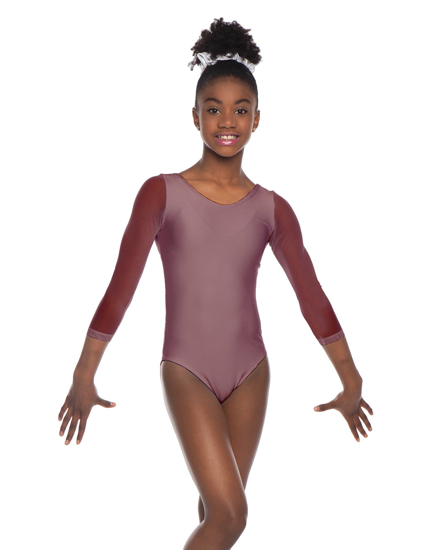 Solid Lycra Mesh 3/4 Sleeve Round Neck Leotard Gymnastics