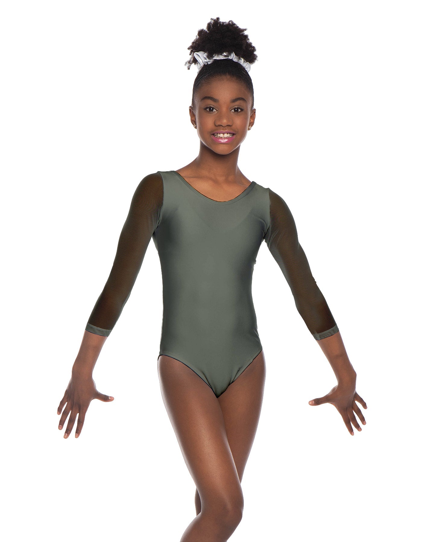 Solid Lycra Mesh 3/4 Sleeve Round Neck Leotard Gymnastics