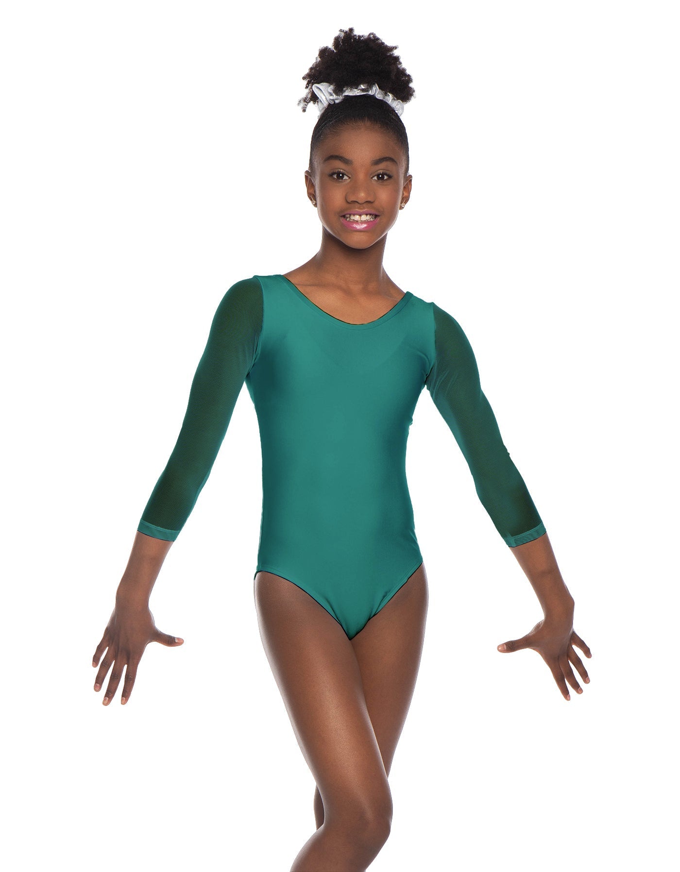 Solid Lycra Mesh 3/4 Sleeve Round Neck Leotard Gymnastics