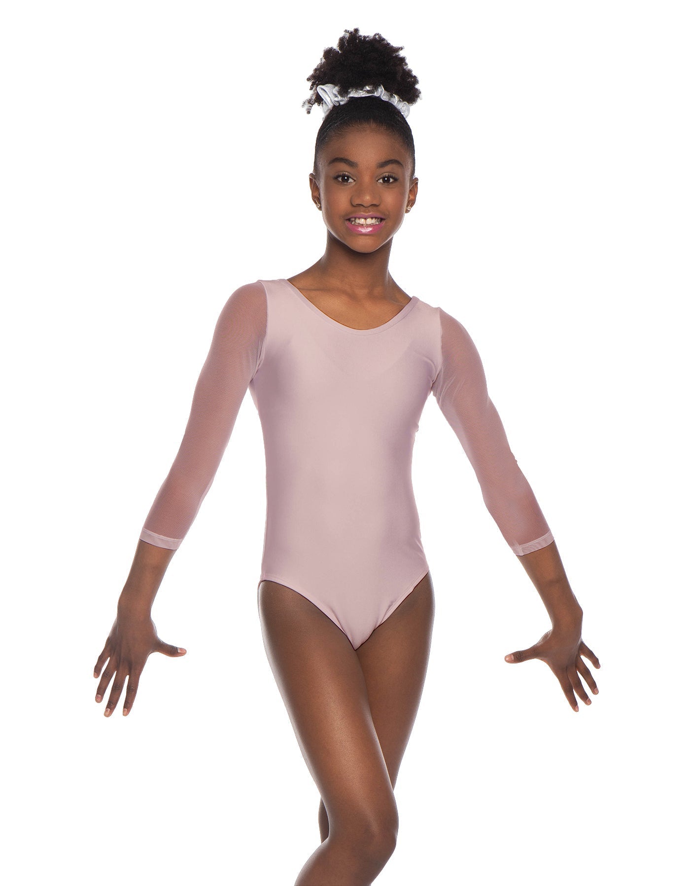 Solid Lycra Mesh 3/4 Sleeve Round Neck Leotard Gymnastics