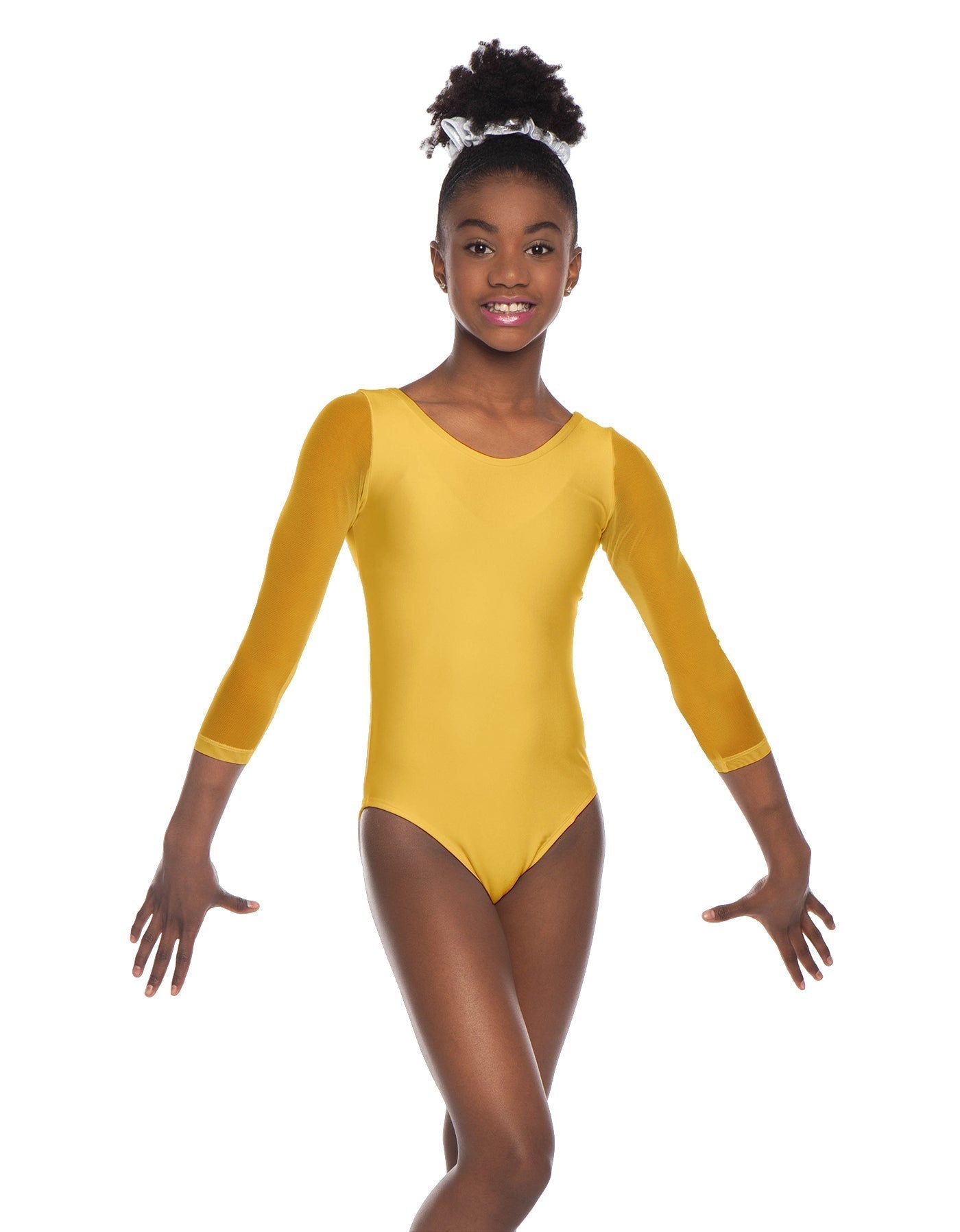 Solid Lycra Mesh 3/4 Sleeve Round Neck Leotard Gymnastics