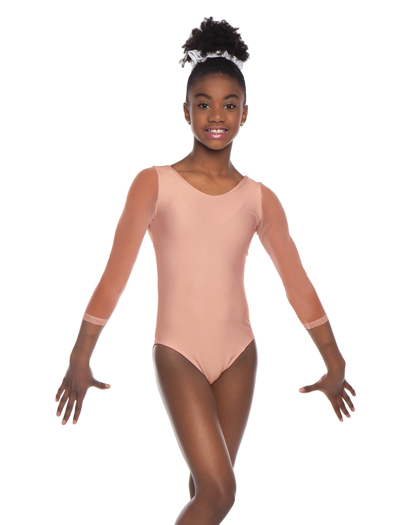 Solid Lycra Mesh 3/4 Sleeve Round Neck Leotard Gymnastics