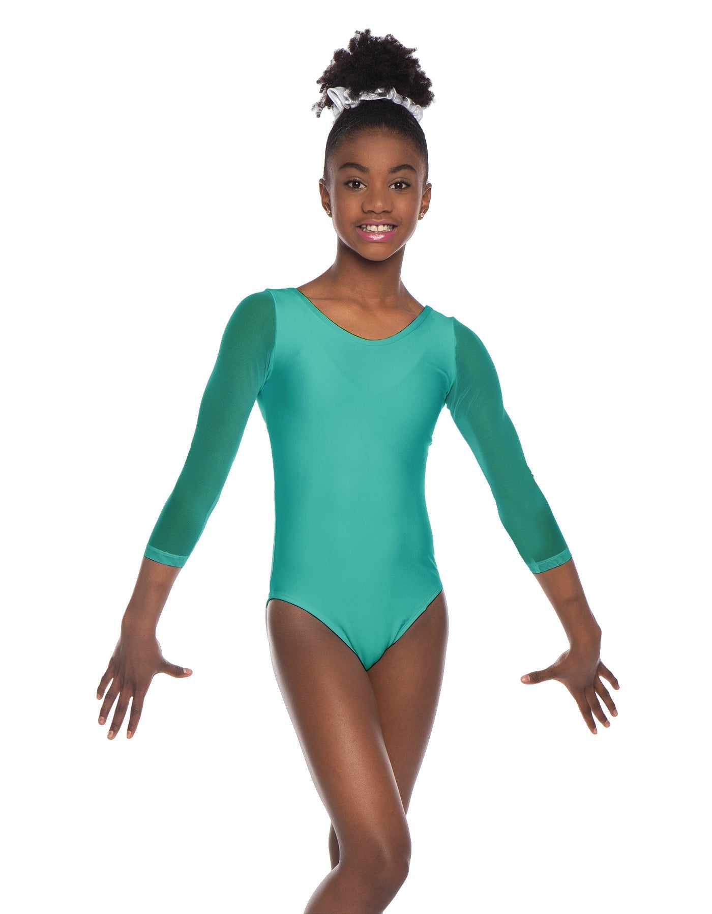 Solid Lycra Mesh 3/4 Sleeve Round Neck Leotard Gymnastics