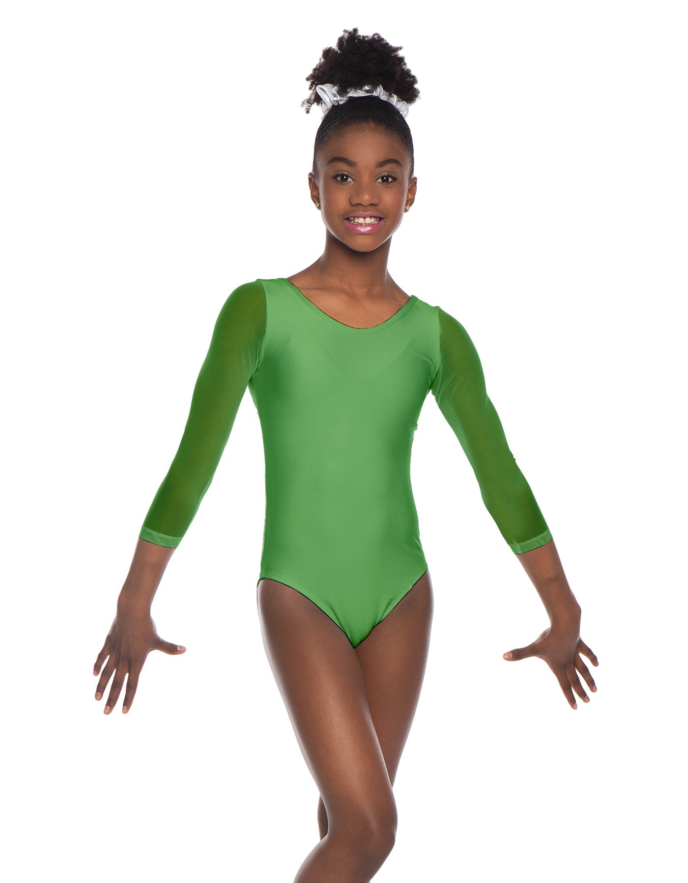 Solid Lycra Mesh 3/4 Sleeve Round Neck Leotard Gymnastics