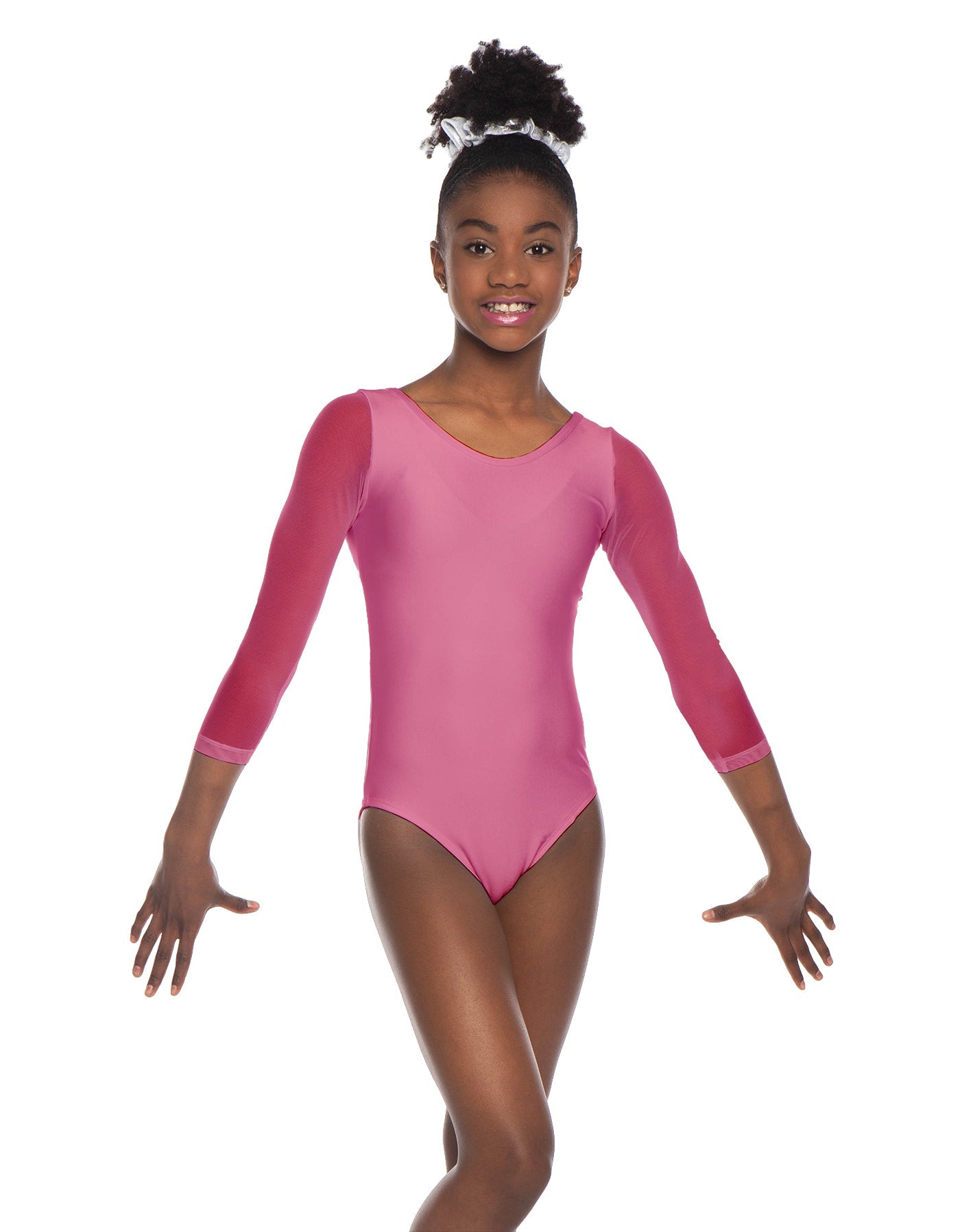 Solid Lycra Mesh 3/4 Sleeve Round Neck Leotard Gymnastics