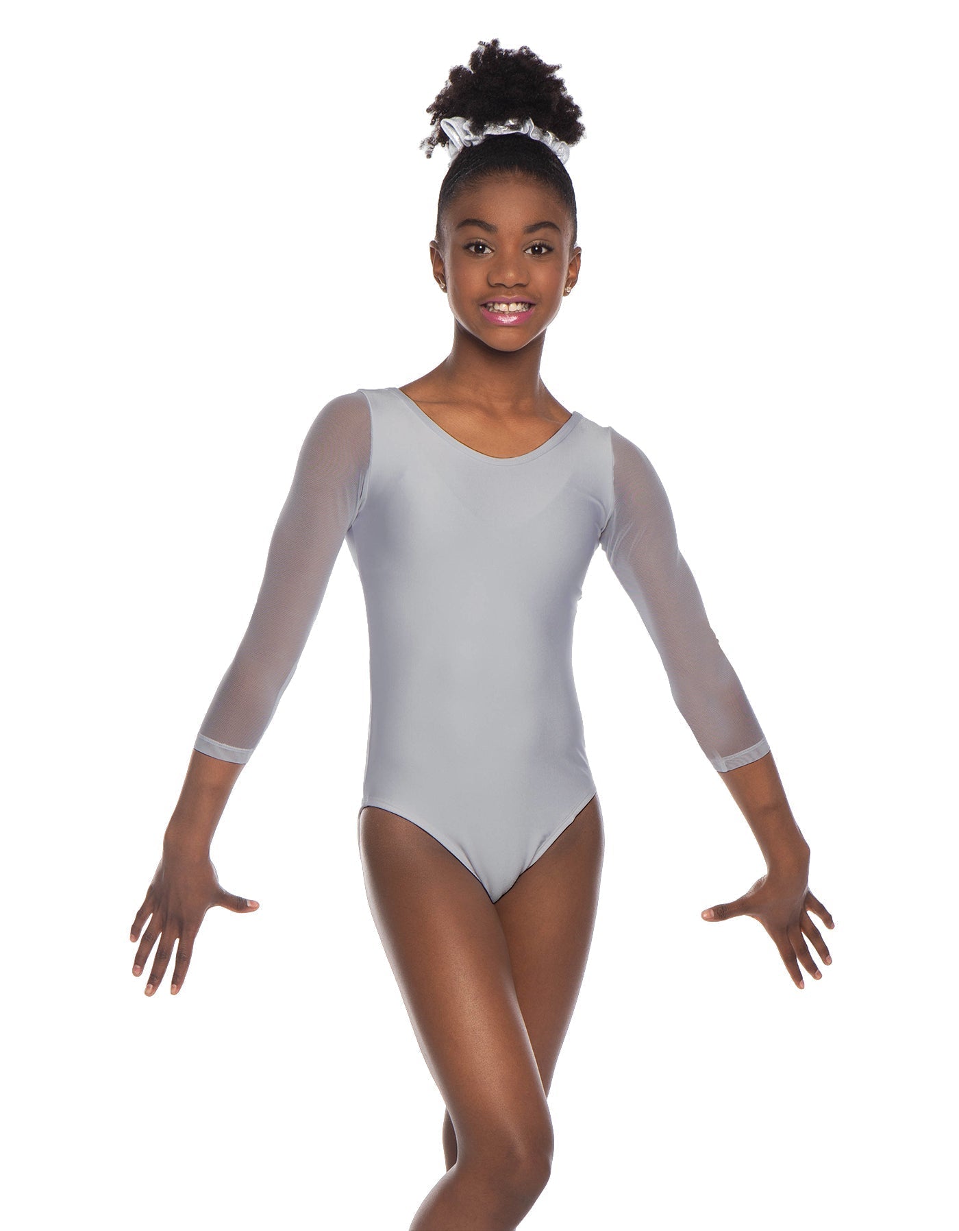 Solid Lycra Mesh 3/4 Sleeve Round Neck Leotard Gymnastics