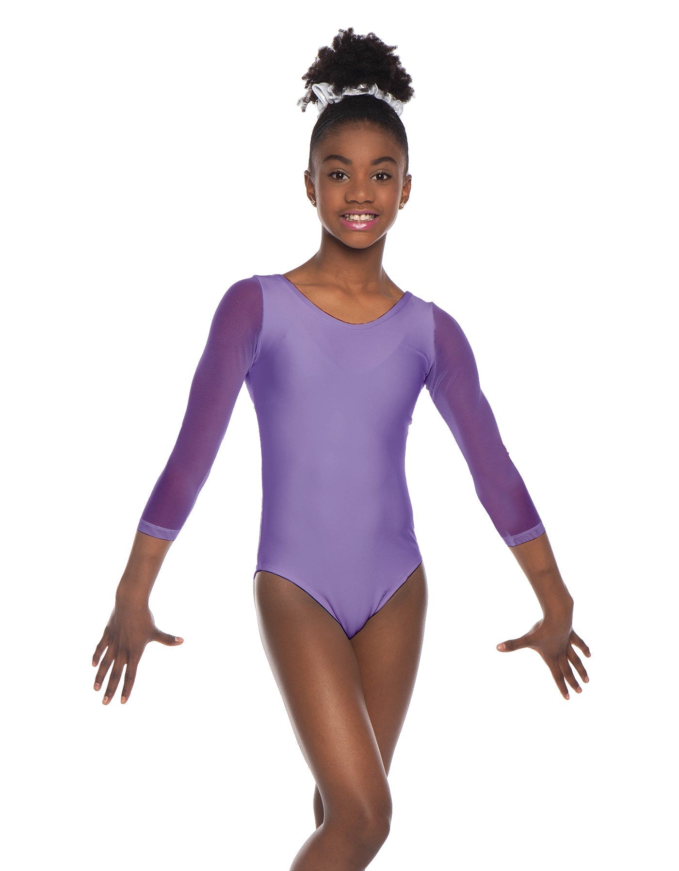 Solid Lycra Mesh 3/4 Sleeve Round Neck Leotard Gymnastics