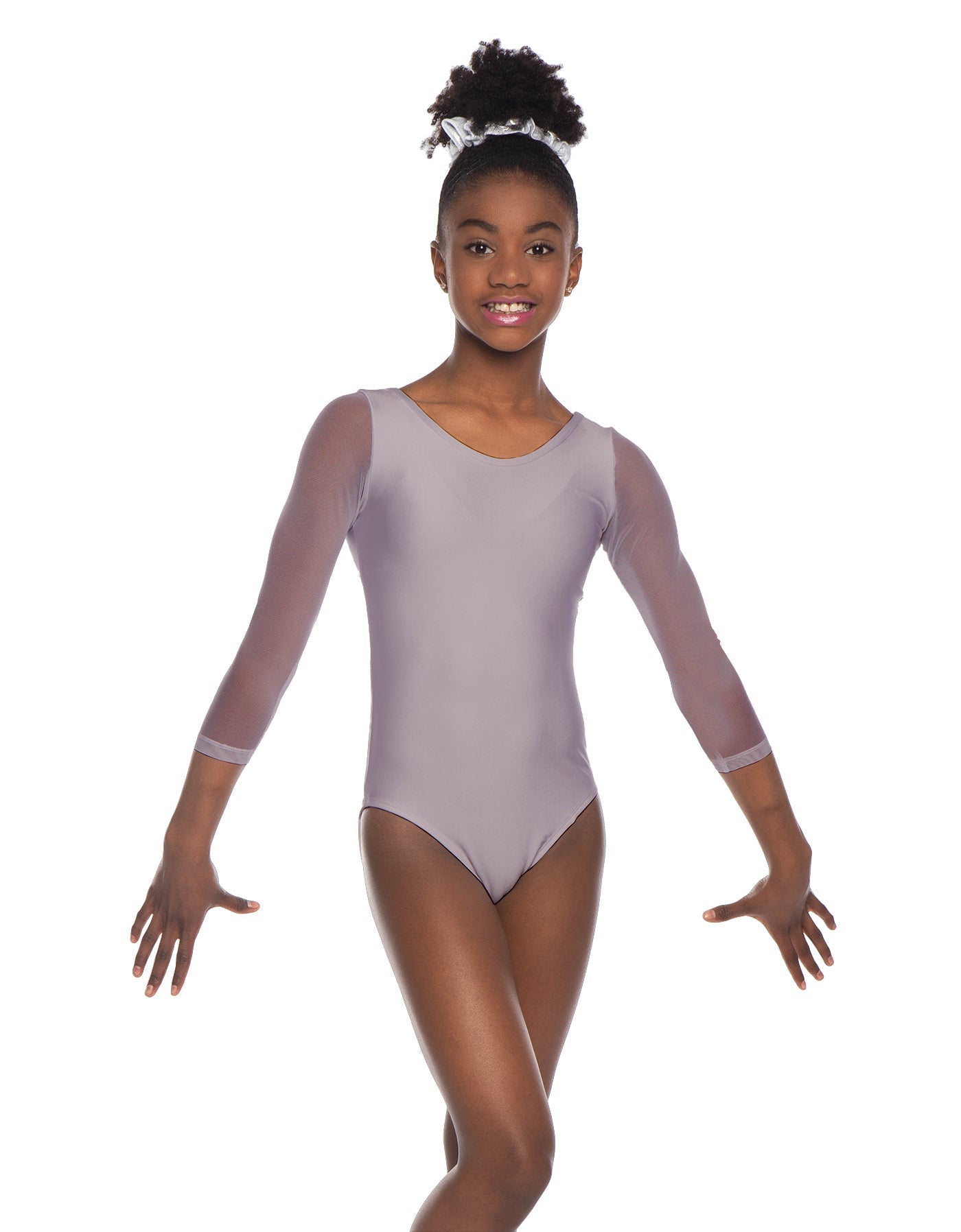 Solid Lycra Mesh 3/4 Sleeve Round Neck Leotard Gymnastics