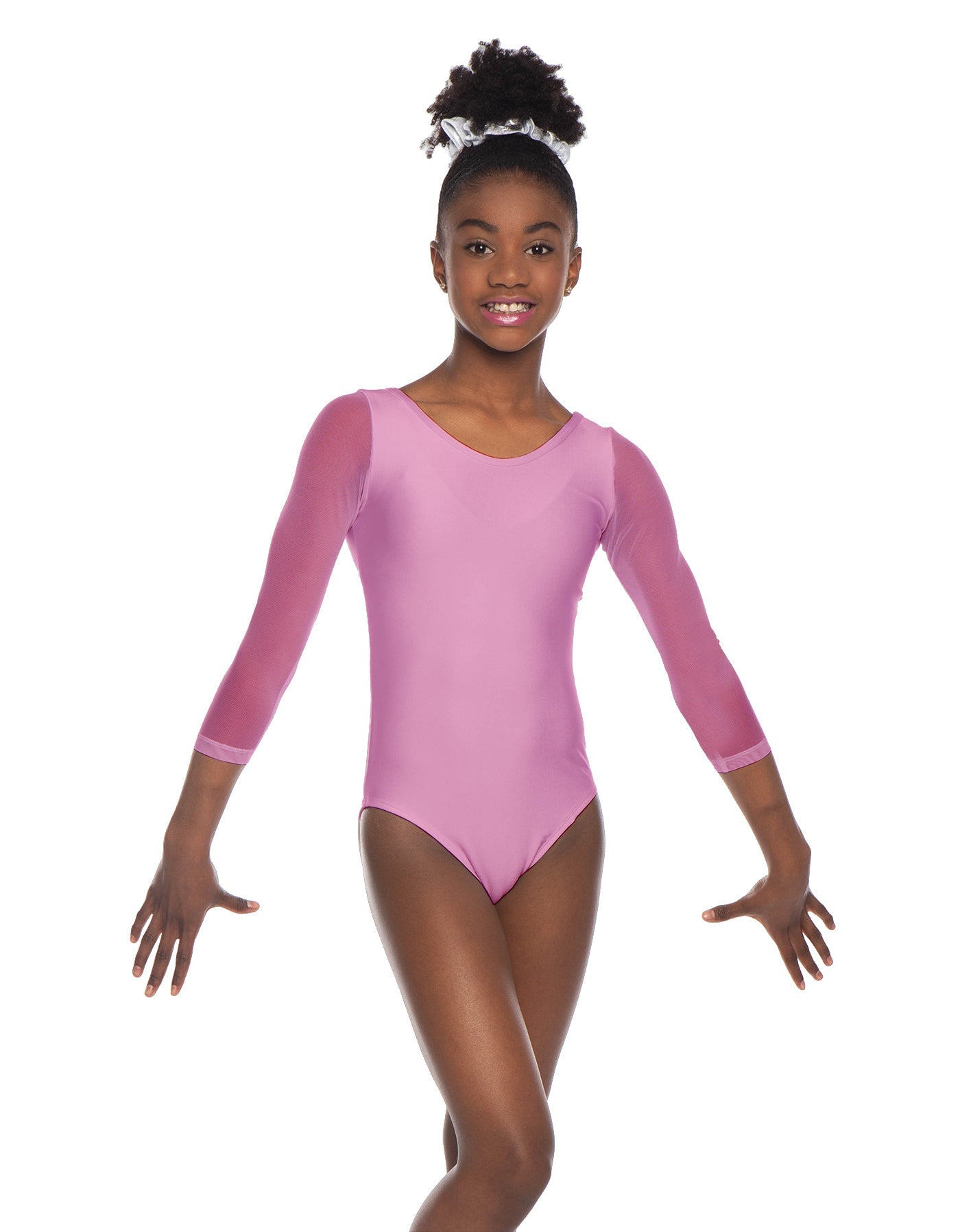 Solid Lycra Mesh 3/4 Sleeve Round Neck Leotard Gymnastics