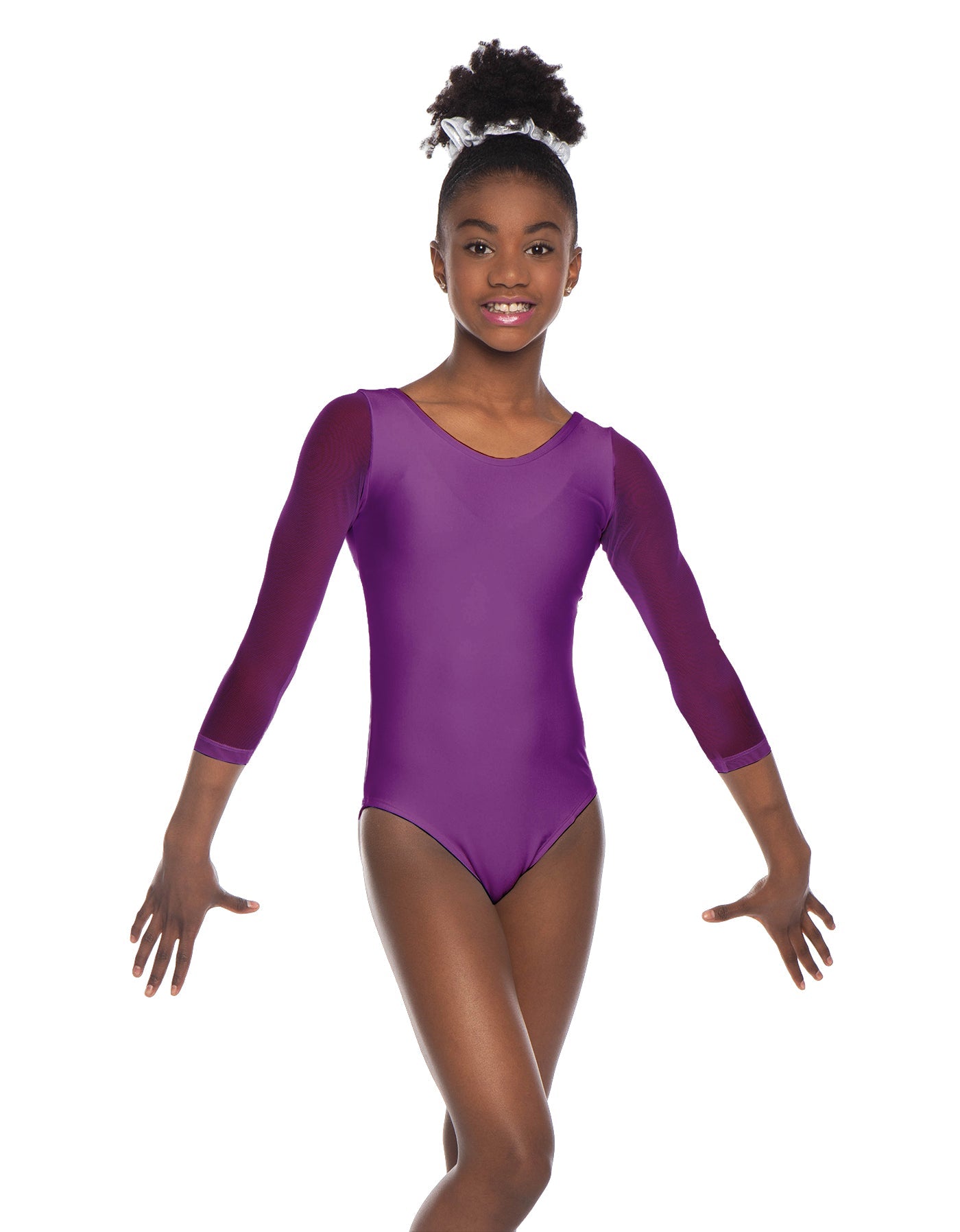Solid Lycra Mesh 3/4 Sleeve Round Neck Leotard Gymnastics