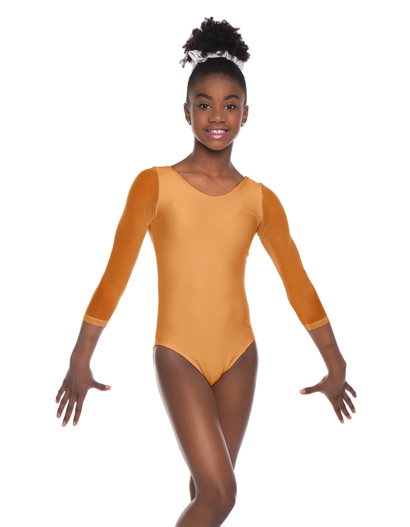 Solid Lycra Mesh 3/4 Sleeve Round Neck Leotard Gymnastics