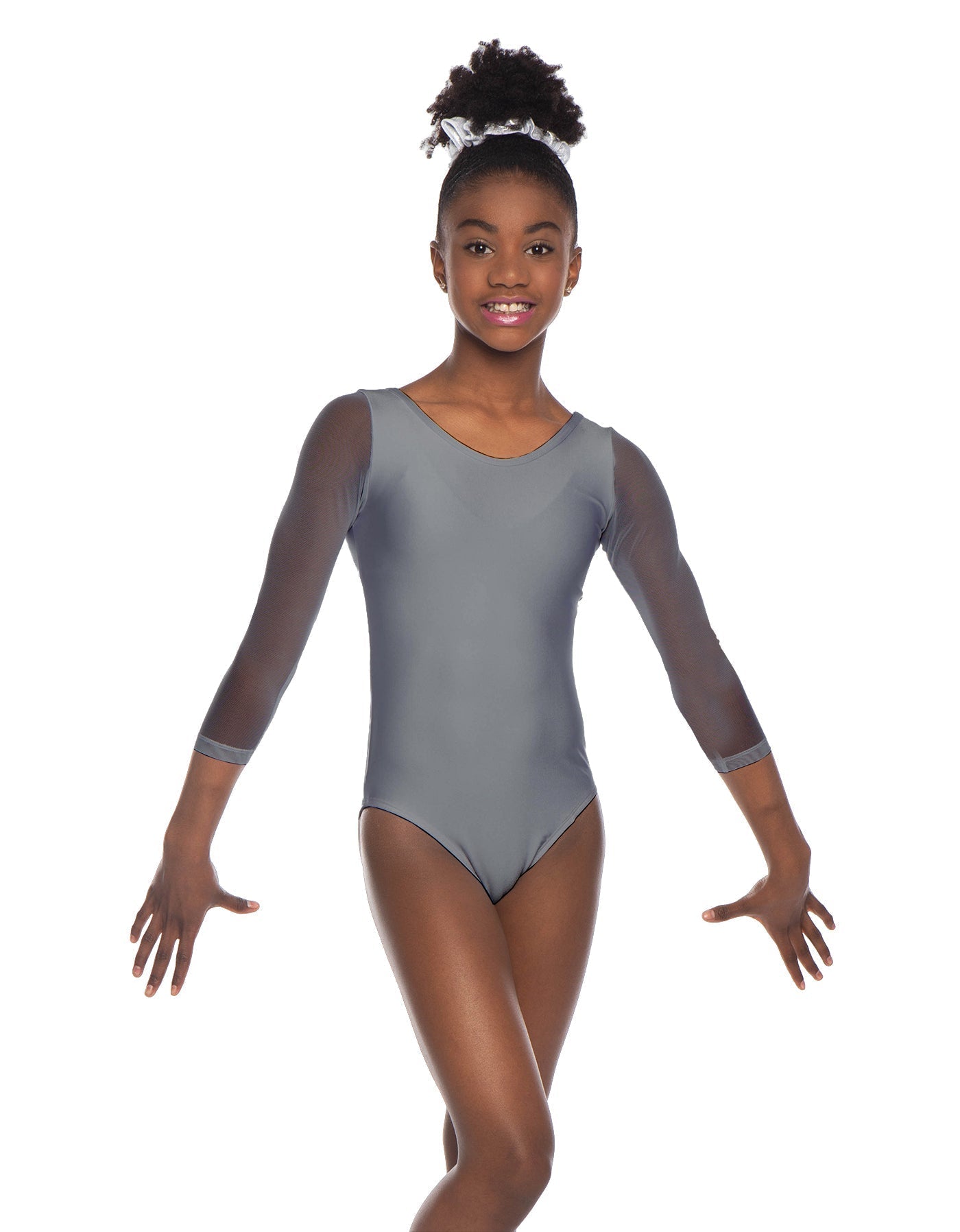 Solid Lycra Mesh 3/4 Sleeve Round Neck Leotard Gymnastics