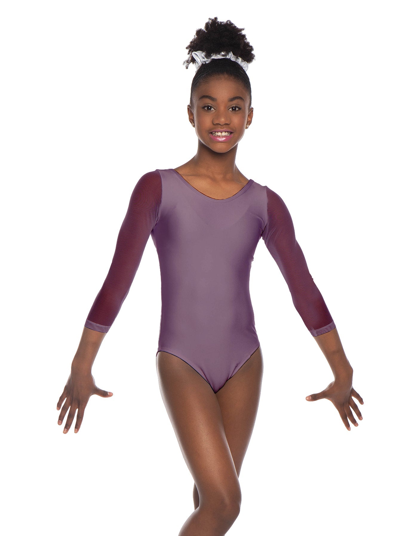 Solid Lycra Mesh 3/4 Sleeve Round Neck Leotard Gymnastics