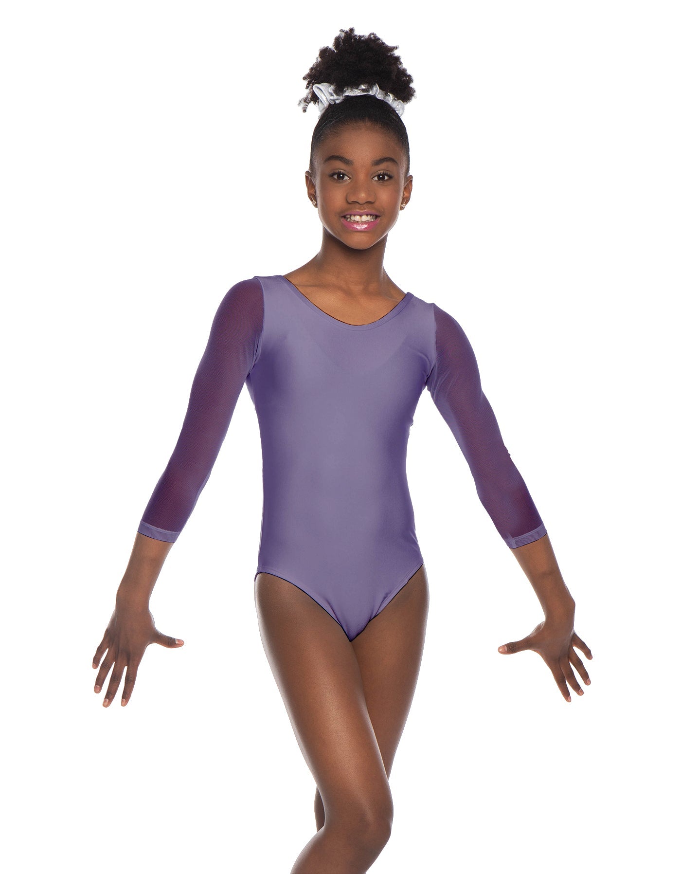 Solid Lycra Mesh 3/4 Sleeve Round Neck Leotard Gymnastics