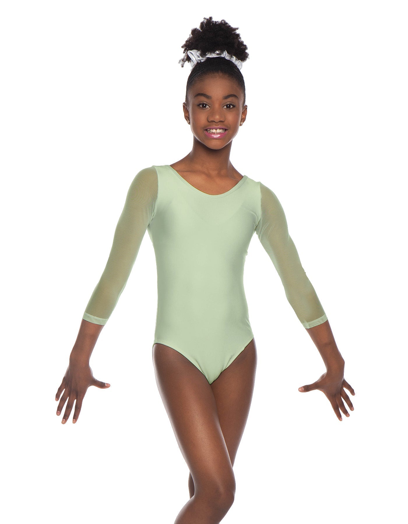 Solid Lycra Mesh 3/4 Sleeve Round Neck Leotard Gymnastics