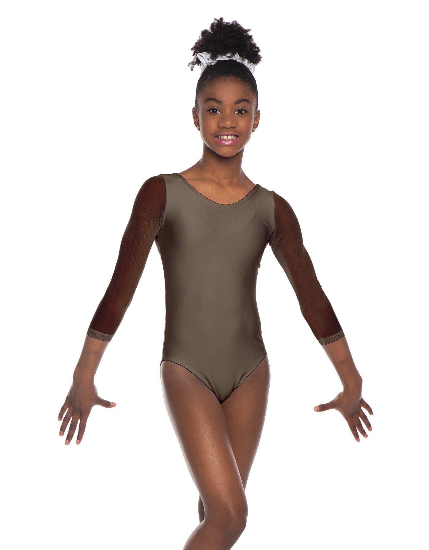 Solid Lycra Mesh 3/4 Sleeve Round Neck Leotard Gymnastics