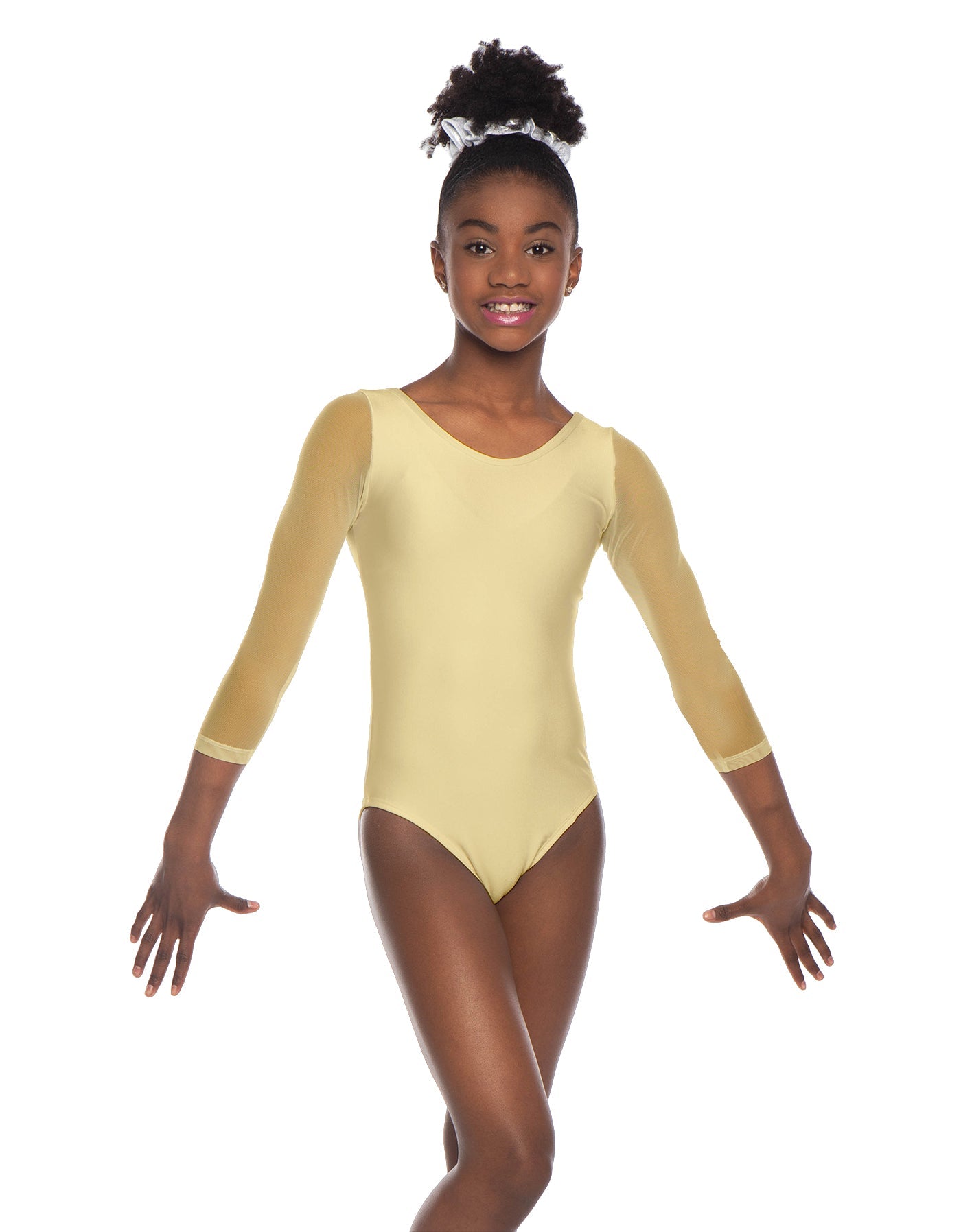 Solid Lycra Mesh 3/4 Sleeve Round Neck Leotard Gymnastics