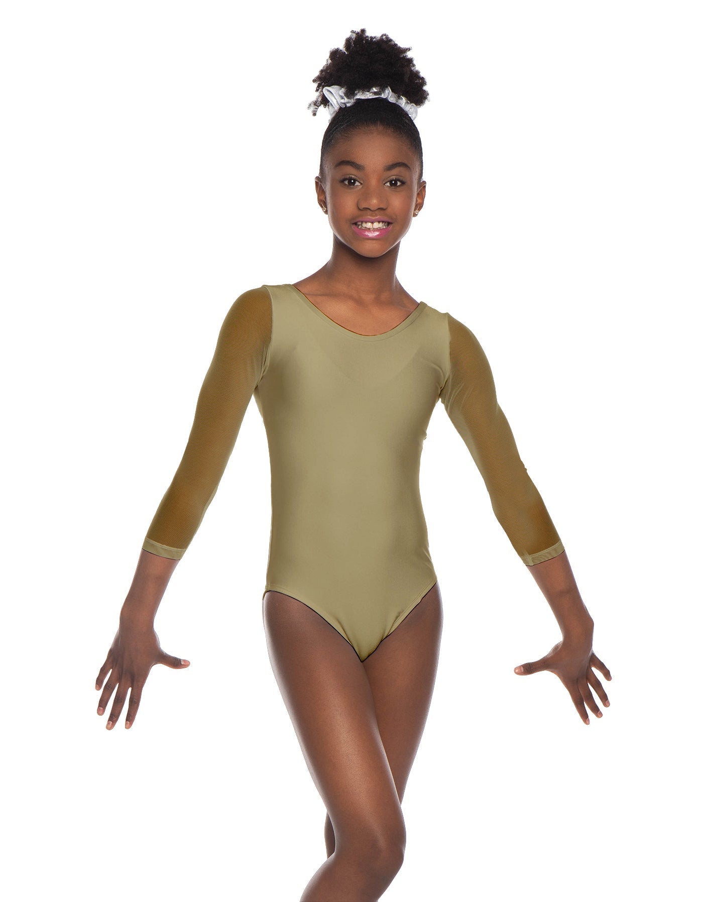 Solid Lycra Mesh 3/4 Sleeve Round Neck Leotard Gymnastics