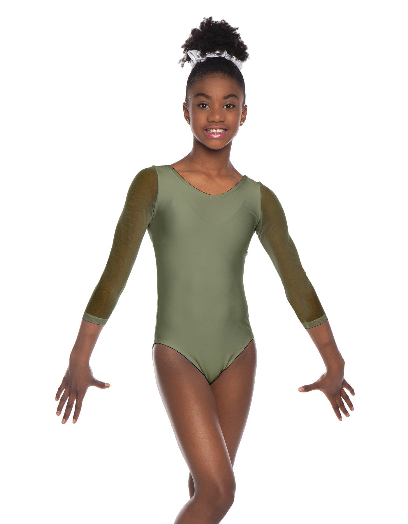 Solid Lycra Mesh 3/4 Sleeve Round Neck Leotard Gymnastics
