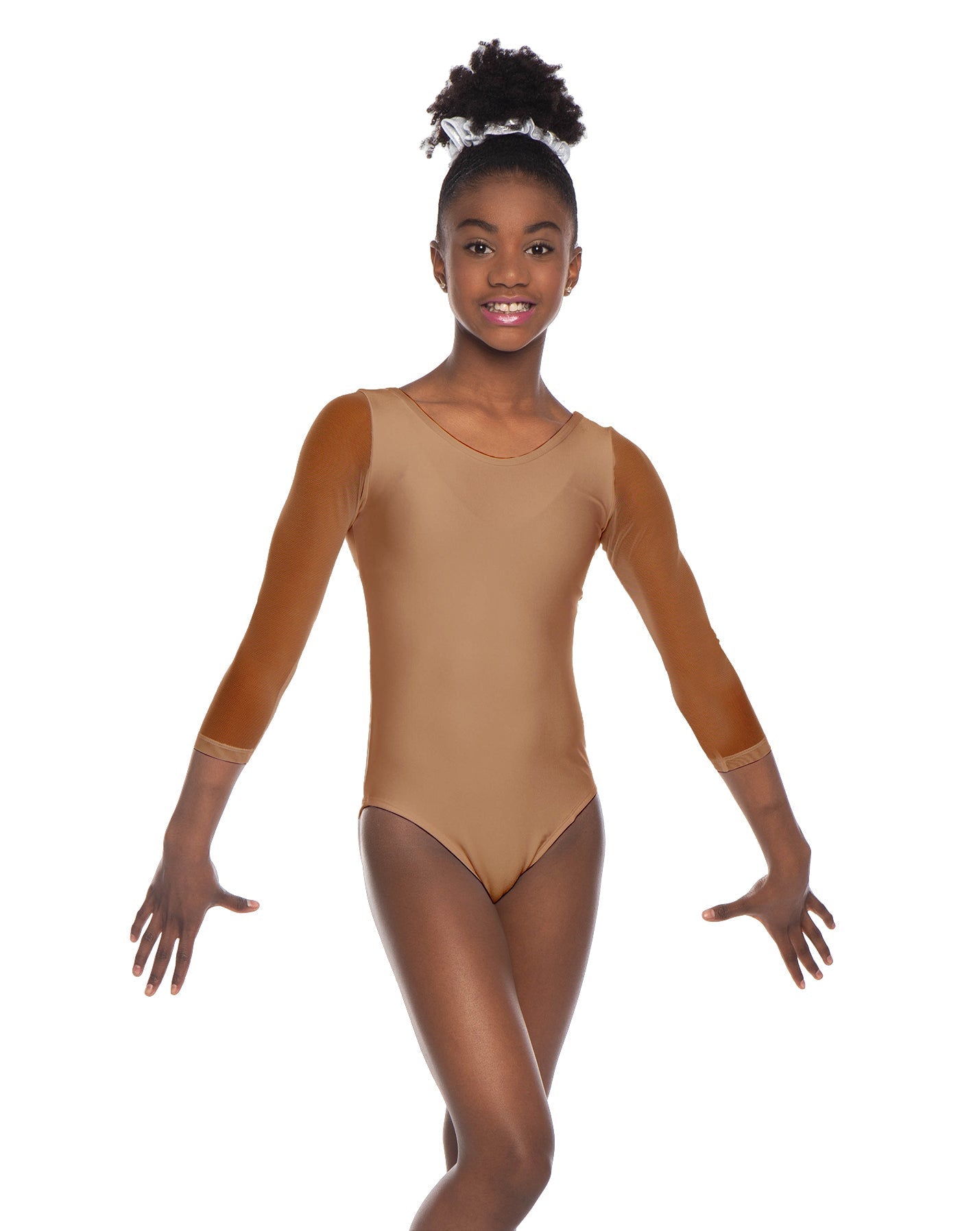 Solid Lycra Mesh 3/4 Sleeve Round Neck Leotard Gymnastics