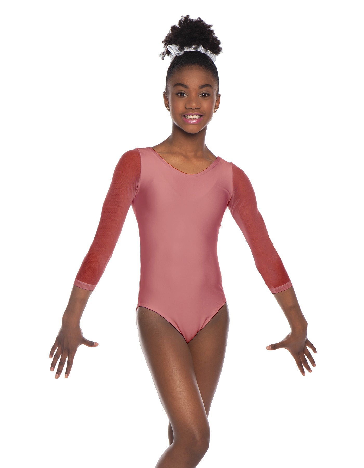 Solid Lycra Mesh 3/4 Sleeve Round Neck Leotard Gymnastics