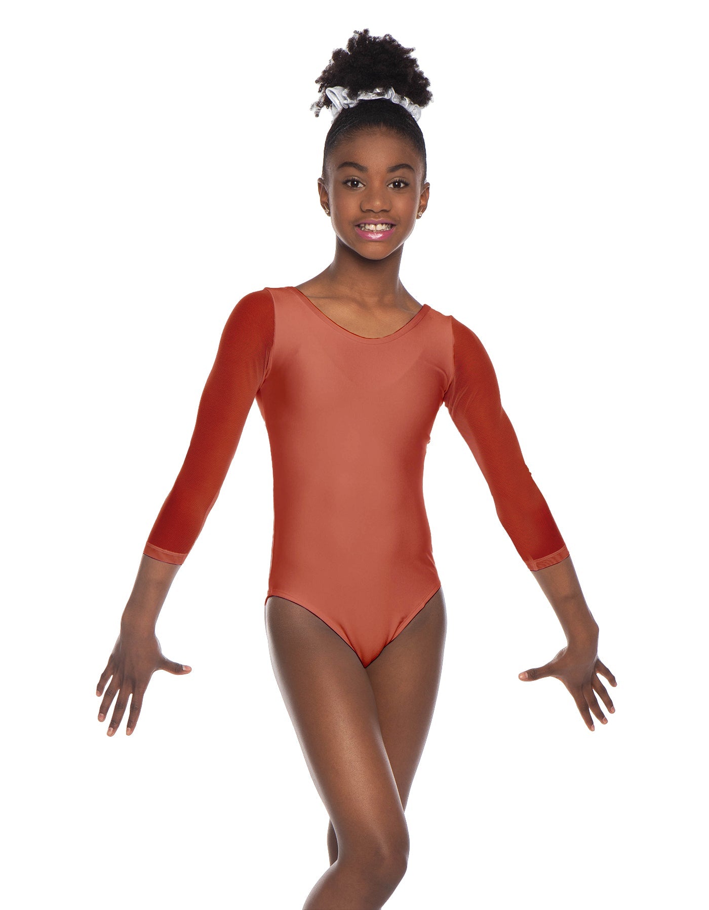 Solid Lycra Mesh 3/4 Sleeve Round Neck Leotard Gymnastics