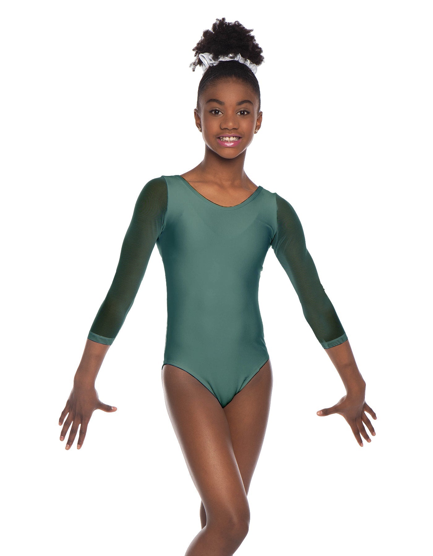 Solid Lycra Mesh 3/4 Sleeve Round Neck Leotard Gymnastics