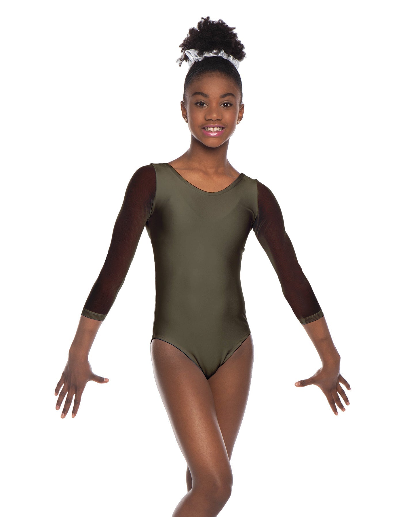 Solid Lycra Mesh 3/4 Sleeve Round Neck Leotard Gymnastics