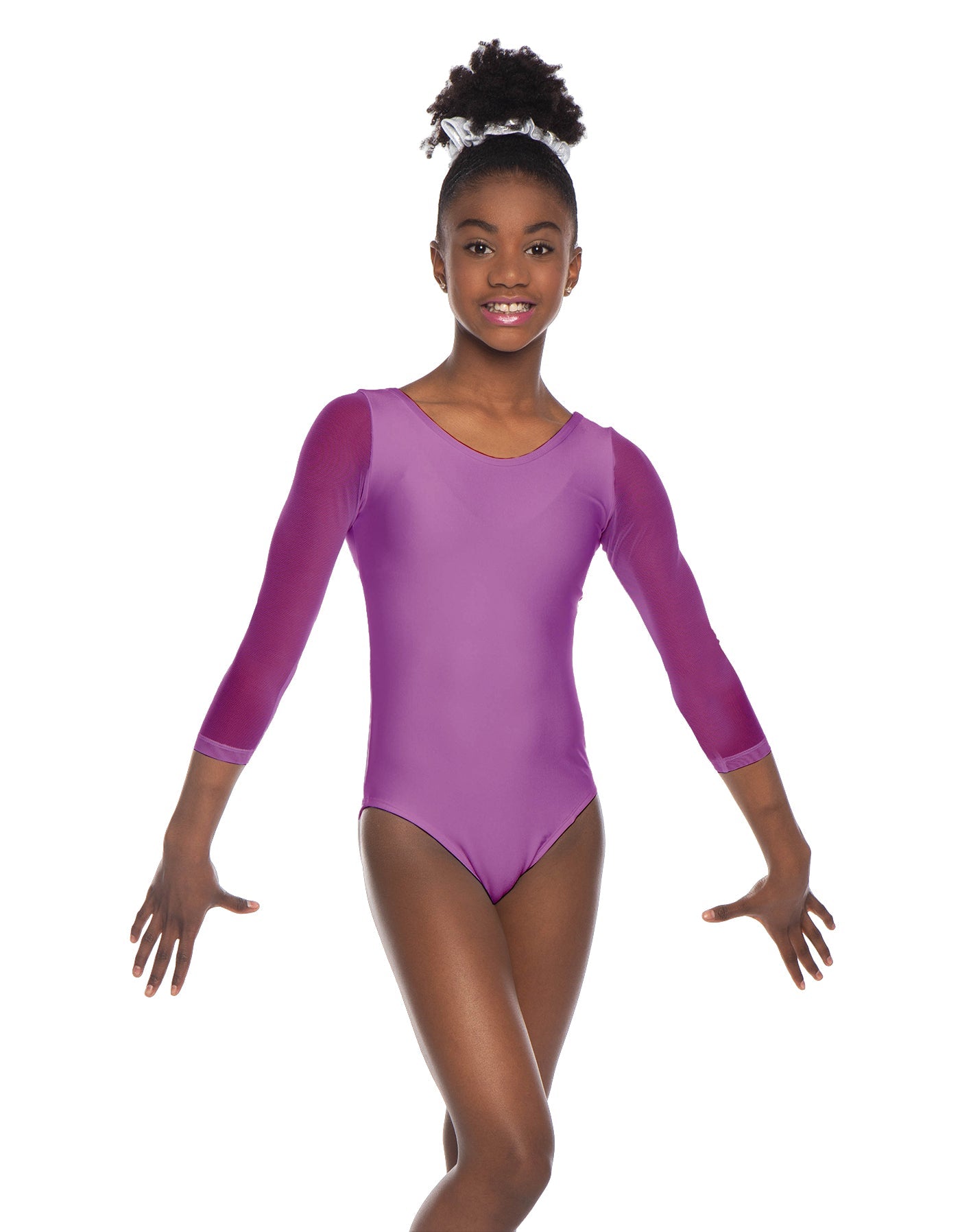 Solid Lycra Mesh 3/4 Sleeve Round Neck Leotard Gymnastics