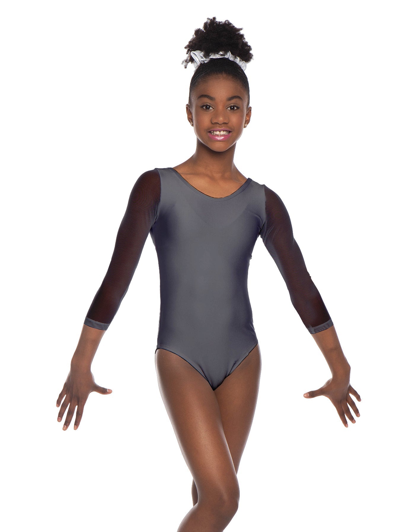 Solid Lycra Mesh 3/4 Sleeve Round Neck Leotard Gymnastics