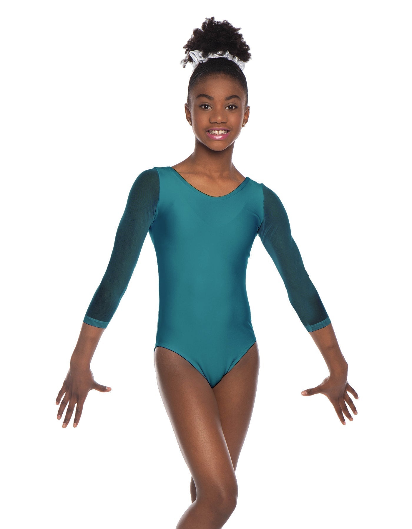 Solid Lycra Mesh 3/4 Sleeve Round Neck Leotard Gymnastics