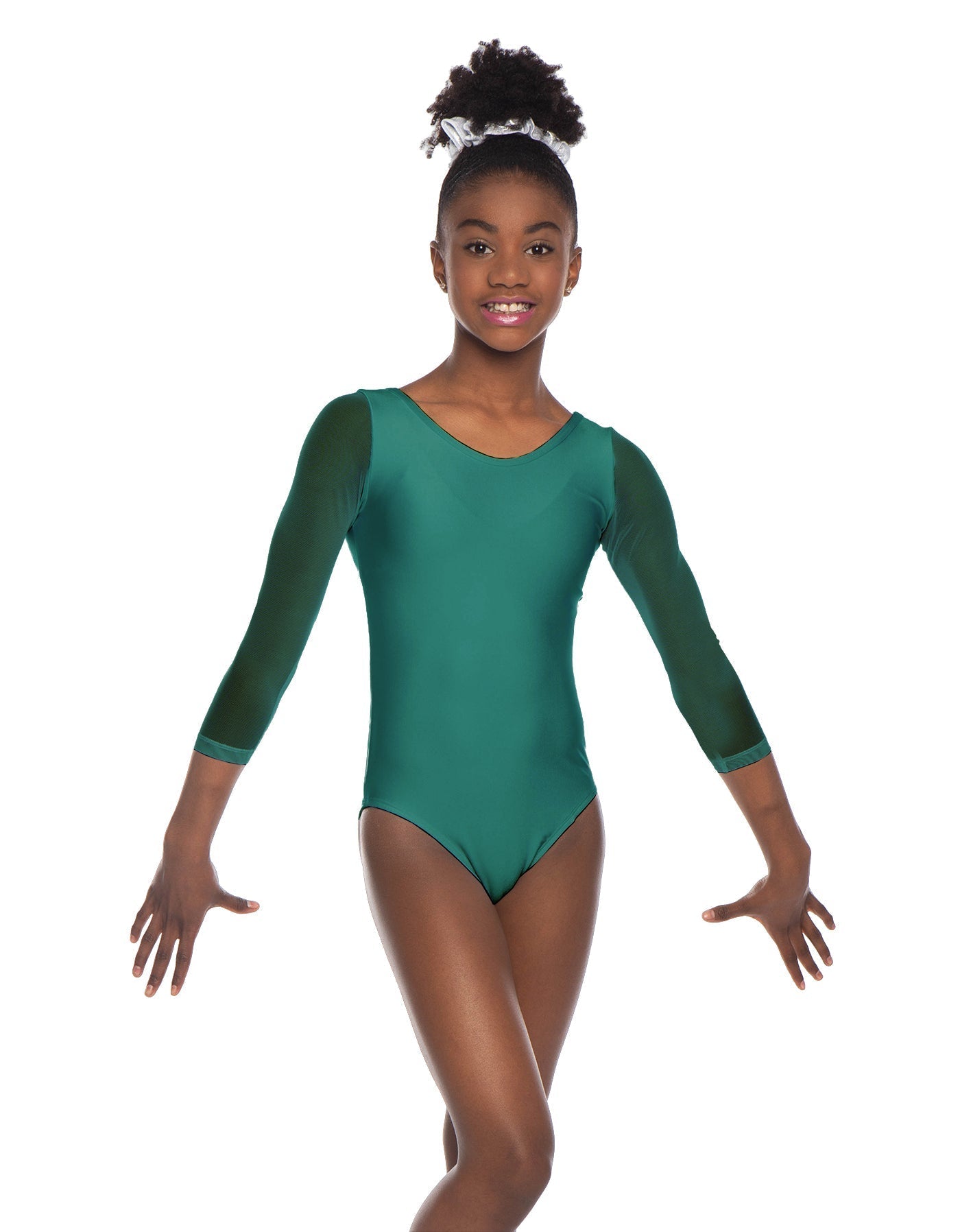 Solid Lycra Mesh 3/4 Sleeve Round Neck Leotard Gymnastics