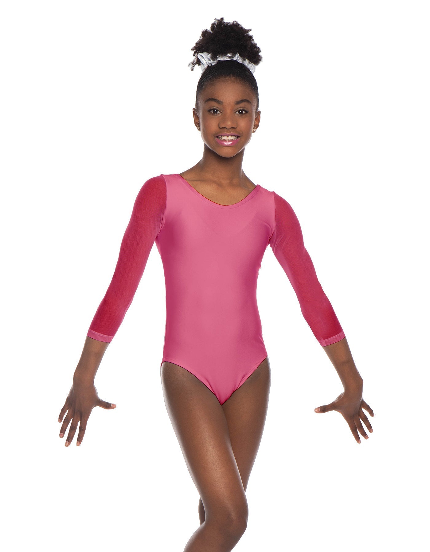 Solid Lycra Mesh 3/4 Sleeve Round Neck Leotard Gymnastics