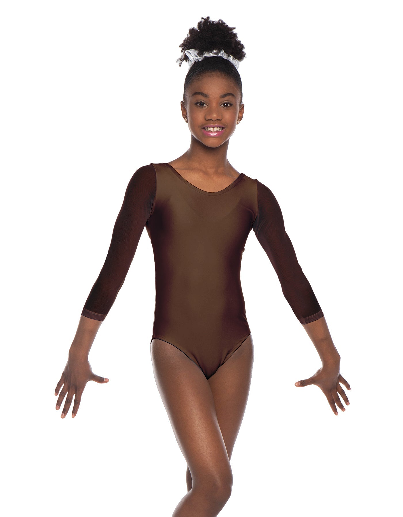 Solid Lycra Mesh 3/4 Sleeve Round Neck Leotard Gymnastics