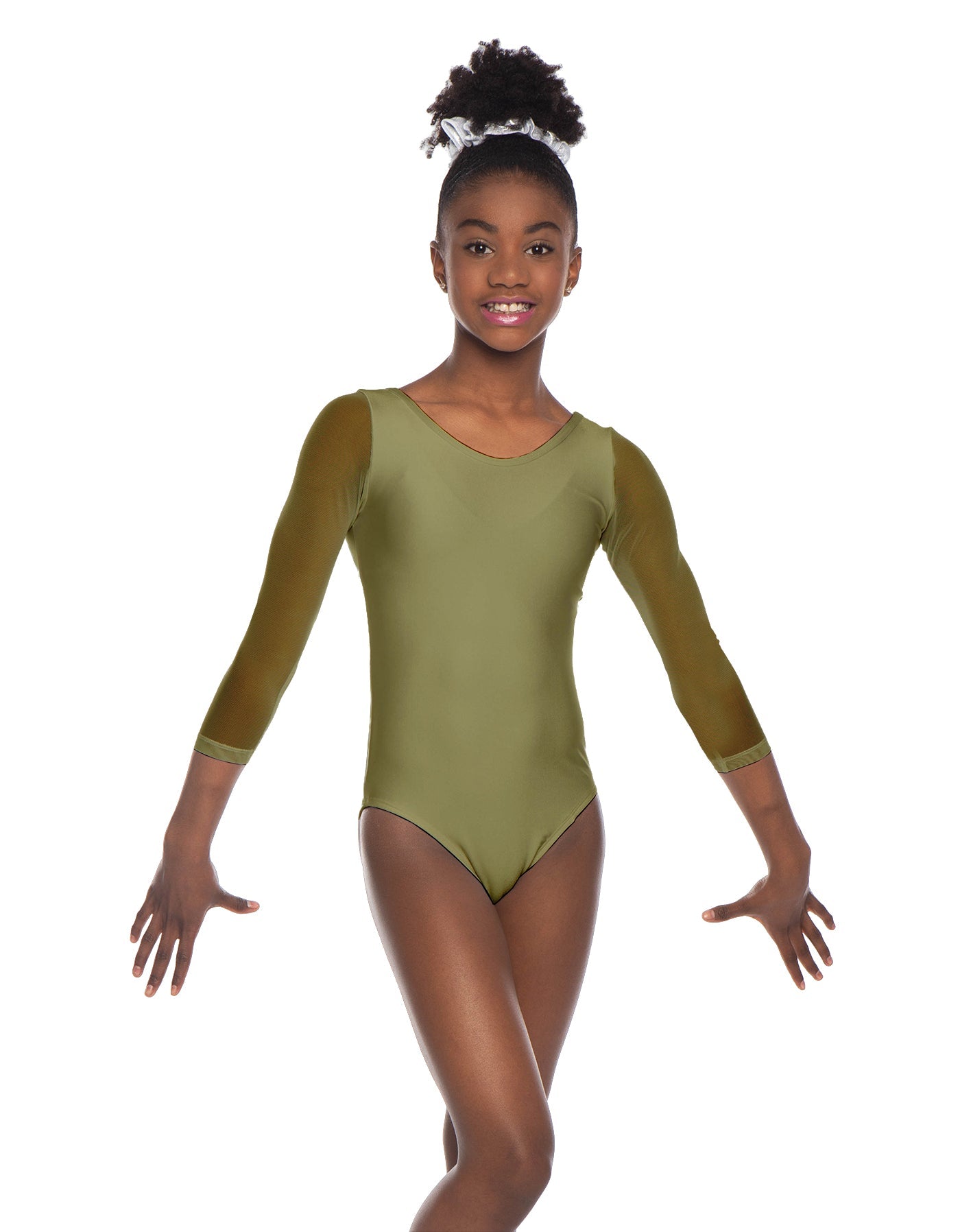 Solid Lycra Mesh 3/4 Sleeve Round Neck Leotard Gymnastics